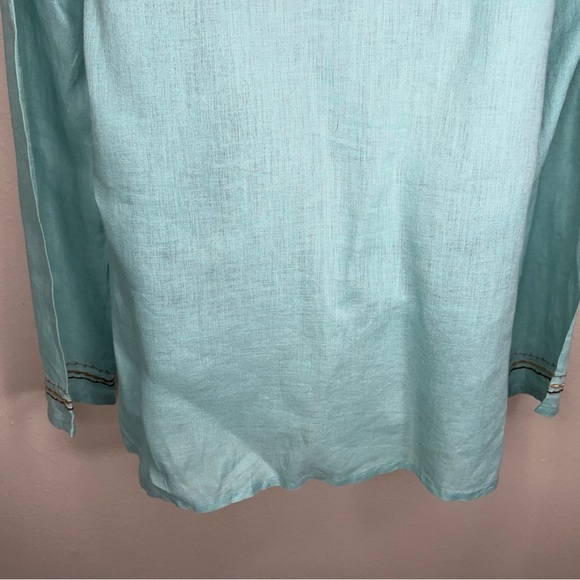 Size 6 Rafaella Linen Blouse Top Mint Teal Beaded Sequined Boho Bohemian - Picture 11 of 14